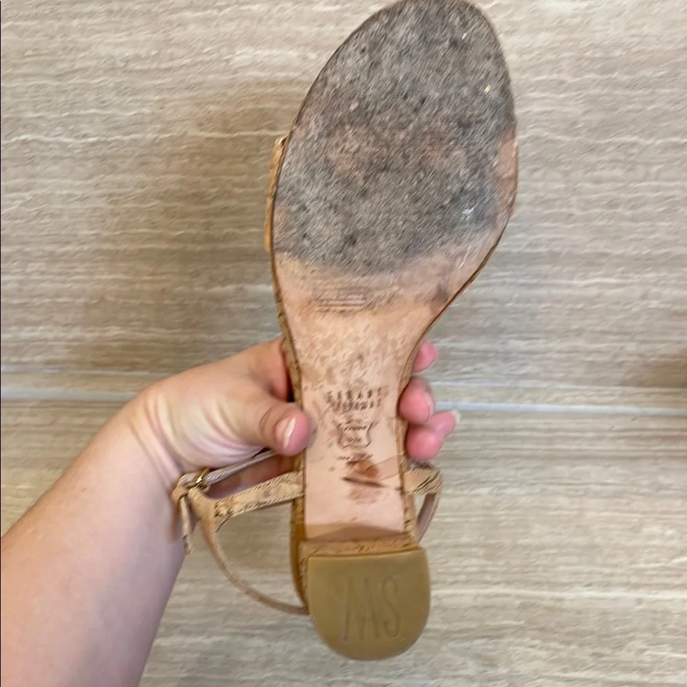 STUART WEITZMAN UGC Women’s Size 9.5 Tan Cork Block Heel Sandals Buckle - Picture 16 of 17